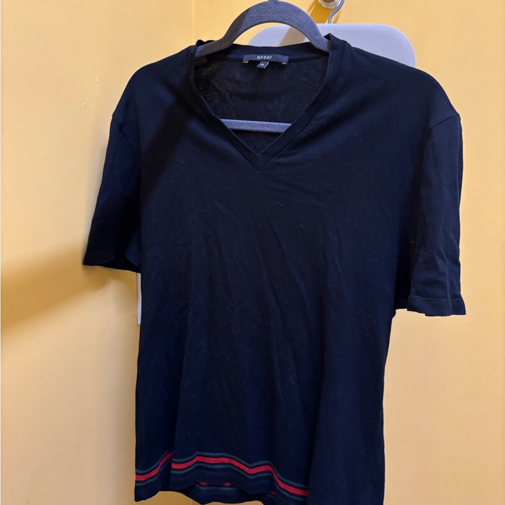 Gucci Black V-Neck Tee with Red and Green Stripes